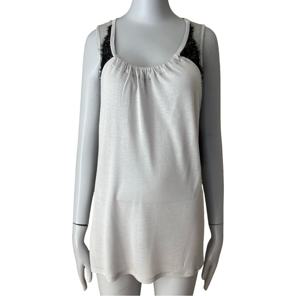 NWT ELLA MOSS Gray Modal Silk Tank Top with Black Lace Detail Size Small
